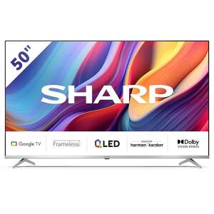 Sharp 50GP6265E 50 hüvelykes 4K UHD QLED Google TV Harman Kardon hangszórókkal, elülső nézet a főbb jellemzőkkel kiemelve - Sharp