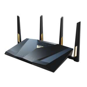 Asus RT-BE88U WiFi 7 router, black with gold accents, angled view - ASUS Wi-Fi Router, Adapter
