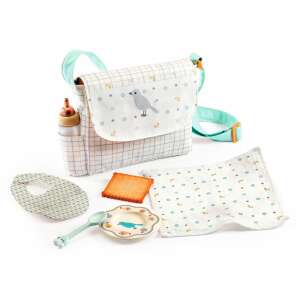 Djeco Pomea Mealtime set for pretend play, includes a bag, bib, plate, spoon, bottle, and a biscuit - Doll accessory