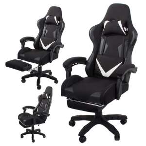 Ergonomic black gaming chair with adjustable height and footrest, multiple views - Furniture