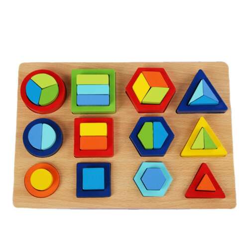 Fa forma puzzle színes geometriai darabokkal, köztük körök, négyzetek és hatszögek