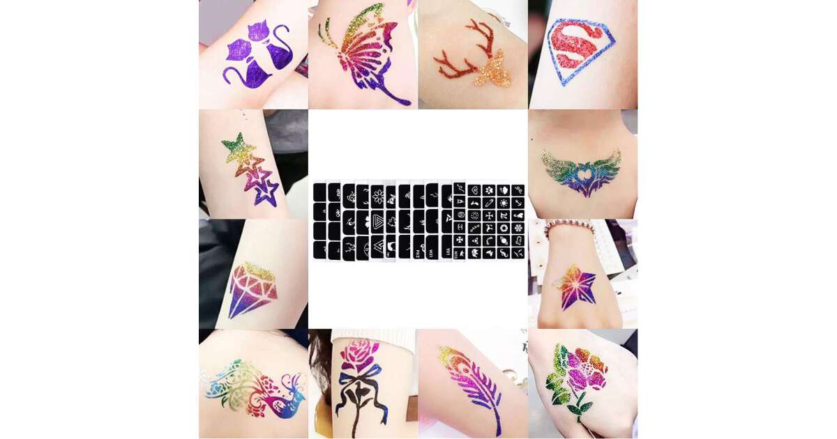 Glitter tattoos kit - 24 db színes csillámporral, rengeteg felragasztható sablonnal, ecsetekkel és ragasztókkal (BBJ) (BBLPJ) 99724005