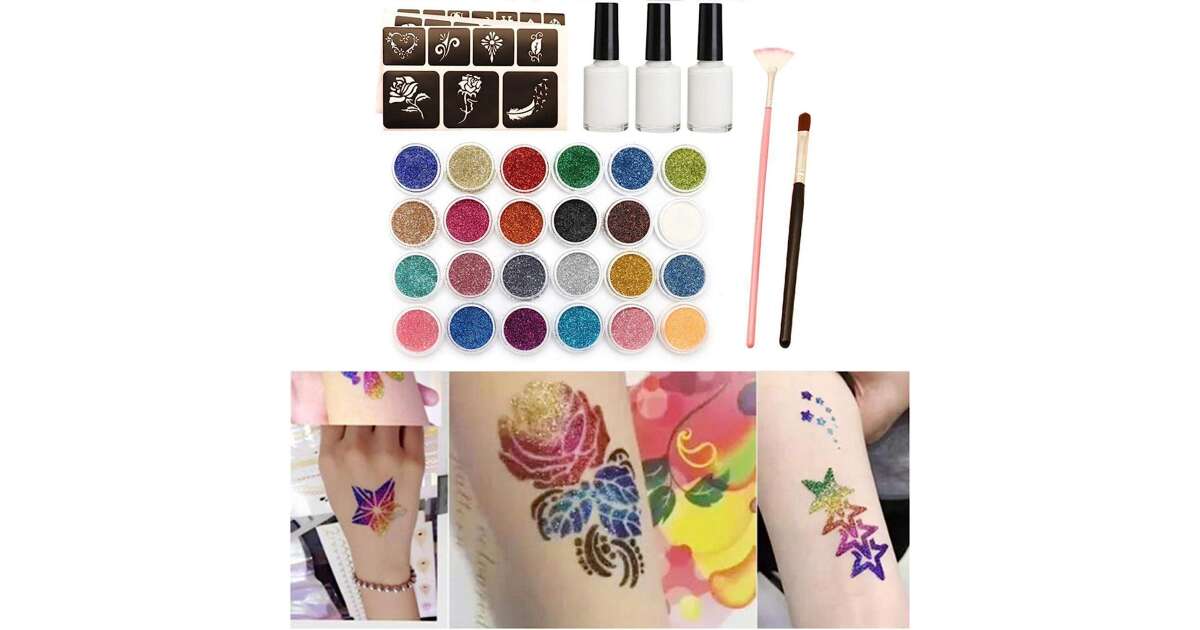 Glitter tattoos kit - 24 db színes csillámporral, rengeteg felragasztható sablonnal, ecsetekkel és ragasztókkal (BBJ) (BBLPJ) 99724005