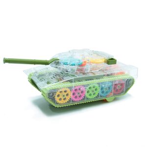 Világító, zenélő, átlátszó fogaskerék tank fehér háttérrel - Zenélő játék