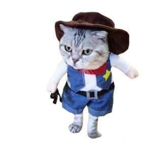 Cute cat wearing a blue denim cowboy costume with a brown hat, red bandana, and a toy gun - Pet Care