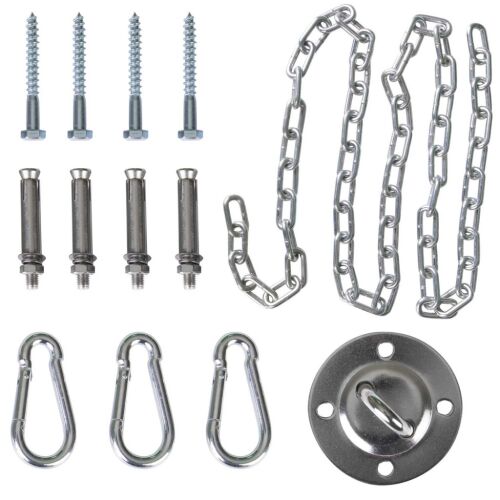 Ceiling mount swing hanger kit with chain, carabiners, screws, and anchors