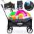Humberg HM-511 foldable wagon with 80L capacity, showing different uses: transporting soil, folded wagon, and beach items