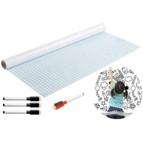 Fehér öntapadó rajztábla tekercs, 45cm x 200cm, rácsos, szárazon törölhető, mágneses, 4 jelölővel