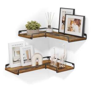 Sada 2 L-tvarových rohových políc, rustikálna hnedá a čierna farba, na vystavenie dekorácií, kníh alebo rastlín - Police