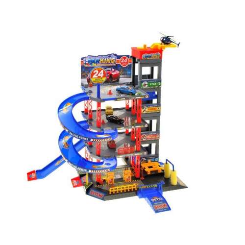 Multi-level parking garage playset with cars and traffic signs, building kit