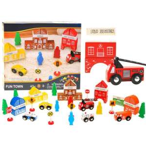 Wooden building blocks set for kids, Jokomisiada Fun Town, 47 pieces, multi-colored, includes fire station, school, bank, church, ambulance, taxi, police car, trees, characters, and vehicles - Plastic Building Toy