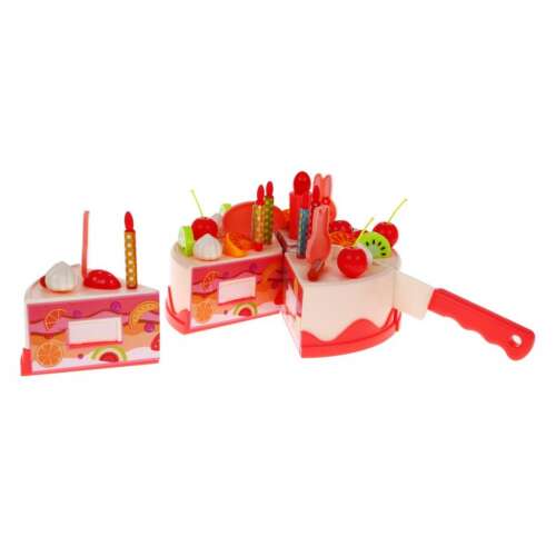 Play pretend birthday cake with candles, knife, and fruit decorations