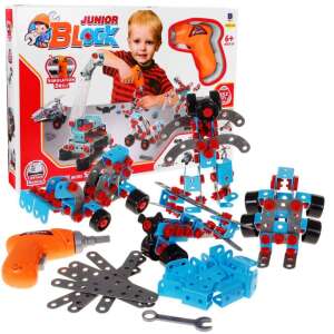 Junior Block construction toy set with a drill, wrench, and various pieces, including a toy excavator, robot, and car - Plastic Building Toy