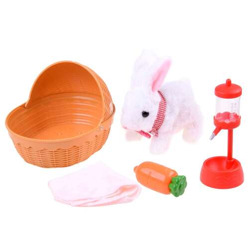 Jucărie interactivă de pluș iepure cu coș, pătură, morcov și sticlă de apă