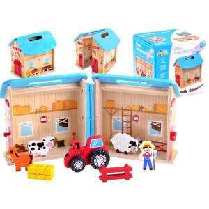 Wooden farm playset with foldable house, animals, farmer, tractor, and accessories - Wooden building game