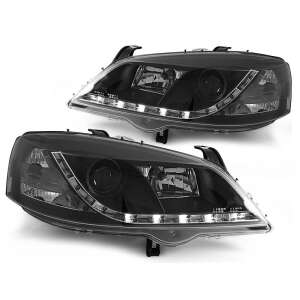Faruri Opel Astra G 1997-2004 Negre cu Proiector LED Daytime Running Lights - Lumini auto