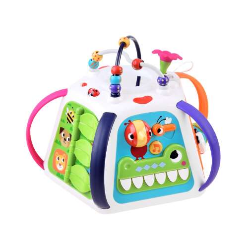 Interactive activity pyramid toy for babies, with colorful beads, gears, and animal characters