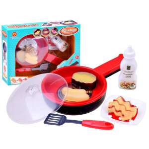 Play kitchen frying pan set with light and sound effects, includes pan, lid, spatula, plate, food, and sauce bottle - Toy kitchen tool