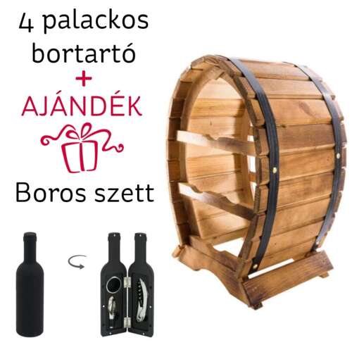 Fa hordó alakú bortartó állvány - 4 palacknak + AJÁNDÉK boros szett