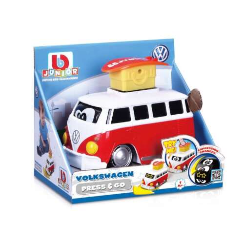 Bburago Jr. Volkswagen Press & Go játék autó, piros és fehér, tetején egy gombbal, ami megváltoztatja a szemeket