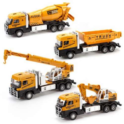 4 db sárga játék munkagép szett, Magni márka, hátrahúzós