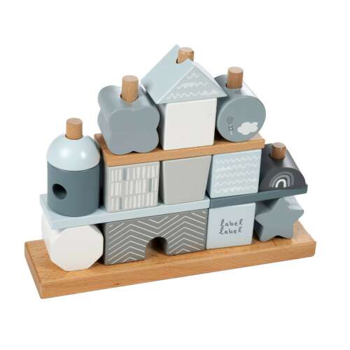Label-Label fa építőkockák, kék és szürke színben, babáknak, építőjáték gyerekeknek, montessori játék