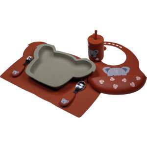 Tryco koalás szilikon étkezőkészlet, tartalmaz tányért, tálat, kanalat, villát, kötényt és alátétet, piros és szürke - Tryco