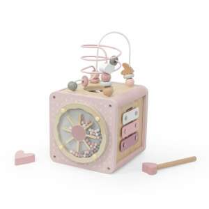 Label Label rózsaszín tevékenység kocka, 5 az 1-ben fajáték formaválogatóval, fogaskerekekkel, labirintussal, xilofonnal és gyöngyök labirintusával - Label Label