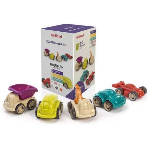 Miniland ECO Minimobil 5 darabos játékautó készlet, amely tartalmaz egy versenyautót, egy teherautót, egy munkagépet és két másik autót. Környezetbarát anyagokból készült, ezek az autók tökéletesek a fantáziadús játékhoz.