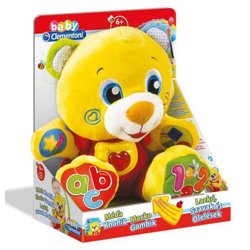 Clementoni Baby Clementoni Lackó Mackó interaktív fejlesztő játék babáknak, sárga plüss mackó gombokkal zenéhez, számokhoz, betűkhöz és hangokhoz
