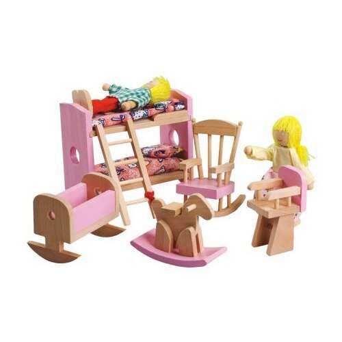 Bababútor - Gyerekszoba bababútor babaházhoz babaház bútor szett emeletes ággyal, hintaszékkel, etetőszékkel, bölcsővel, hintalóval