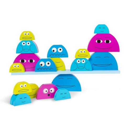 BS Toys Balance Buddies joc de echilibru din lemn pentru copii, cu personaje colorate și un leagăn