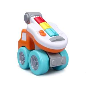 Bburago Junior vontató teherautó gitárral, közeli kép az narancssárga és kék játék teherautóról gitárral a tetején - Bburago