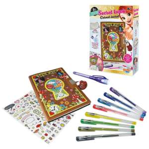 BUKI Be Teens Titkos napló, barna napló zárható, színes kövekkel díszíthető, 120 oldal, 6 éves kortól, matricák, toll és UV toll tartozékok - Napló