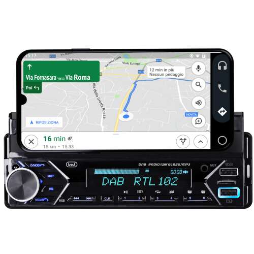 Trevi SCD 5753 DAB car radio with smartphone holder and many extra features, showing the radio with a smartphone displaying a navigation app
