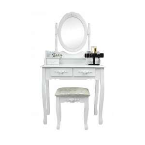 Oglindă basculantă de epocă albă și masă de toaletă cu scaun de machiaj