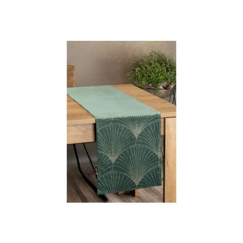 Blink14 bársony asztali futó sötét menta színben geometrikus mintával, 35x180 cm