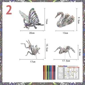 Set de puzzle 3D colorabile cu 4 animale: fluture, lebădă, lăcustă rugătoare și păianjen, cu 12 markere colorate - Puzzle 3D