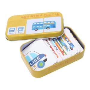 Cognition Puzzle matching game for kids, 32 double-sided cards in a tin box, featuring vehicles like buses, police cars, and trucks - Nonbrand Developmental Toy for Preschooler