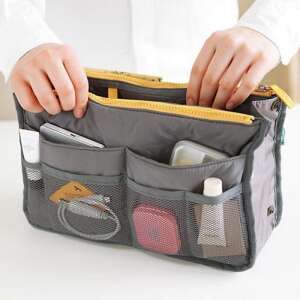 Gray handbag organizer with multiple compartments and pockets, perfect for keeping your bag organized - Luggage organizer