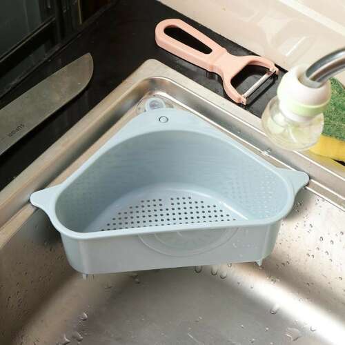 Triangle shaped sink drainer with suction cups, for dishes, fruits, vegetables, and kitchen tools