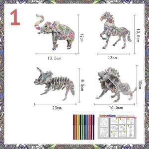Farbbares 3D-Puzzle-Set mit 4 Tieren: Elefant, Pferd, Triceratops, Löwe, mit 12 bunten Markern - Puzzle & Rätsel