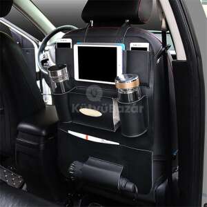 Black leather car seat back organizer with pockets for phone, tablet, drinks, and umbrella - Car Organizer