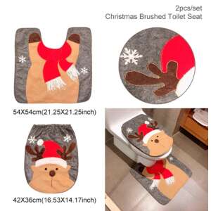 Set de capac pentru toaletă și covor cu ren ren, 2 piese, material periat, gri și roșu, decor festiv pentru baie - Nonbrand Decorațiuni de Crăciun