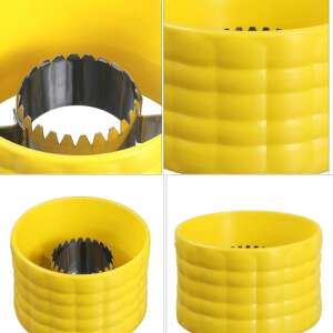Close-up of the corn cob peeler, showing the stainless steel blades and yellow plastic housing. - Peeler