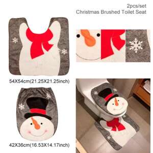 Christmas Snowman Toilet Seat Cover and Mat Set, 2 piece set, brushed fabric, grey and white, with red bow and snowflakes - Nonbrand Christmas Decoration