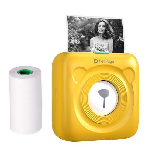PeriPage Mini A6 prenosná fotografická tlačiareň v žltej farbe, s rolkou tepelného papiera