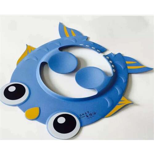 Kék hal alakú állítható zuhanyzó sapka gyerekeknek, védi a szemet a víztől és a sampontol