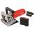 Einhell TC-BJ 900 Biscuit Jointer, red and silver power tool with black handle, dust bag, and carrying case