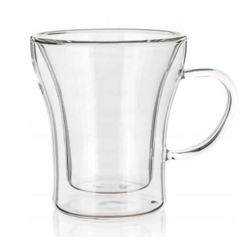 Duplafalú üveg bögre, 200ml, átlátszó, fogantyúval